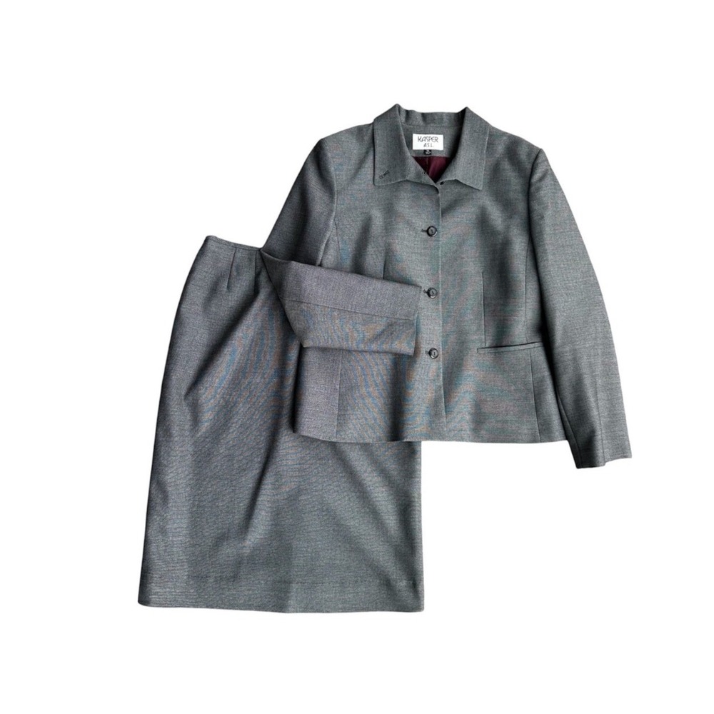 Kasper ASL Suit Blazer Skirt Business Preppy Workwear Gray Wool Pencil Size 14